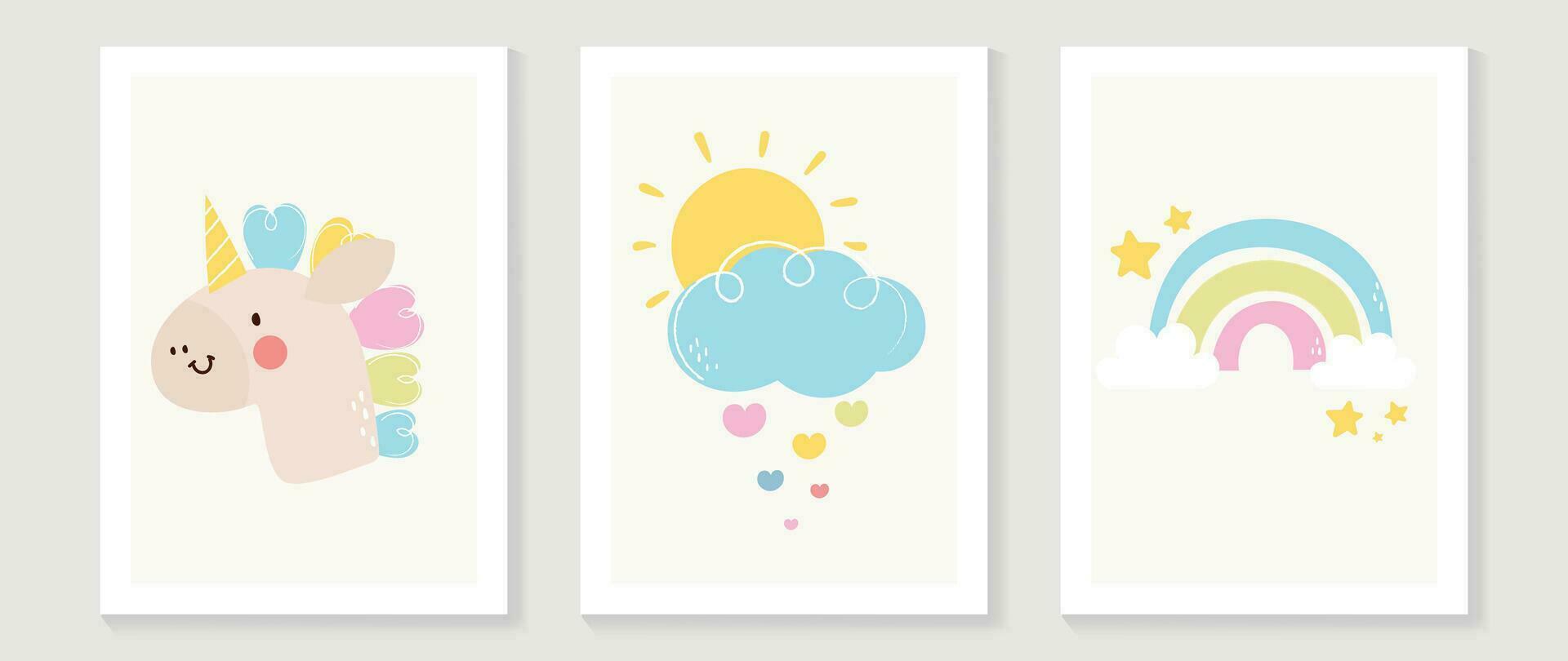 kinderen muur kunst vector verzameling. schattig hand- getrokken ontwerp met eenhoorn, wolk, zon, hart, regenboog. behang achtergrond ontwerp voor kind kamer decoratie, kinderkamer muur kunst, baby en speelgoed- kaart en omslag.