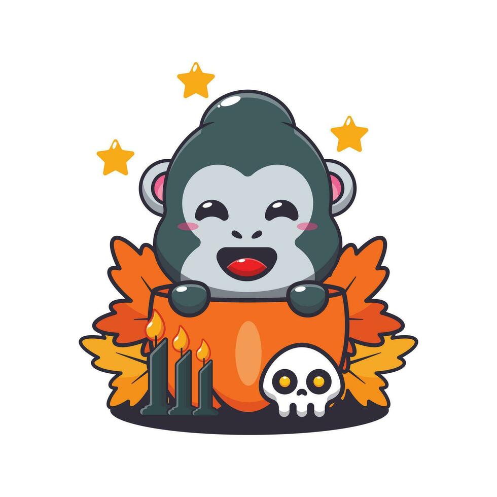 schattig gorilla in halloween pompoen. schattig halloween tekenfilm illustratie. vector