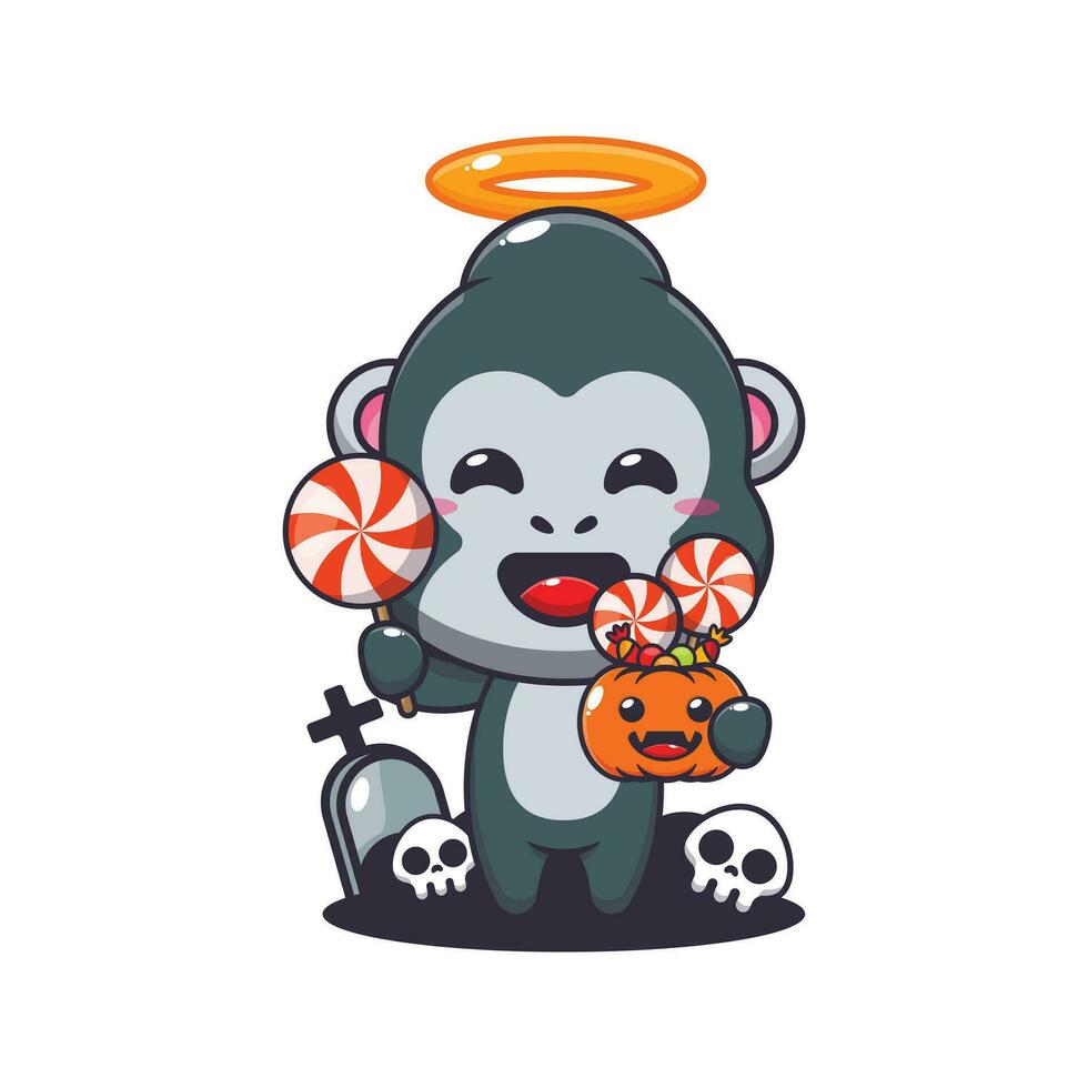 schattig engel gorilla Holding snoep in halloween dag. vector