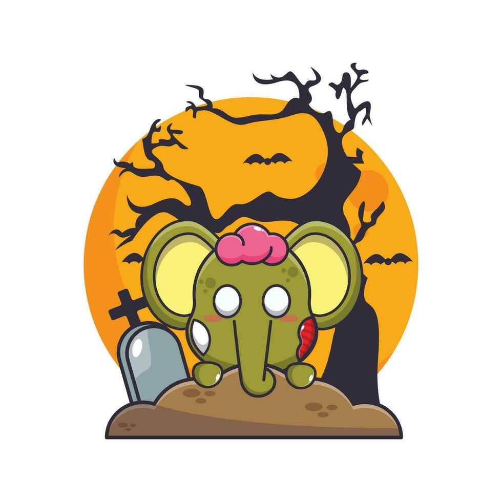 zombie olifant stijgen van begraafplaats in halloween dag. vector