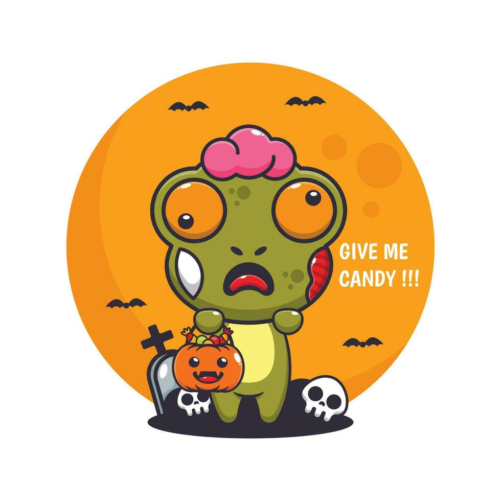 zombie kikker willen snoep. schattig halloween tekenfilm illustratie. vector