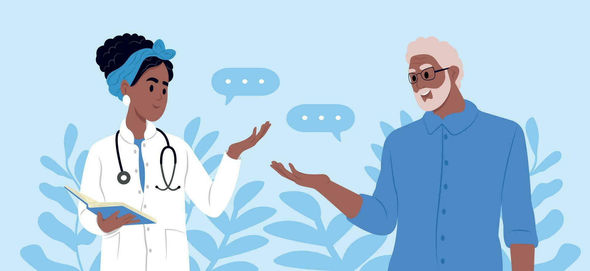 een familie dokter is pratend naar een ouderen geduldig. ouderen bewustzijn van parkinson ziekte, prostaat kanker, alzheimer, kanker, osteoporose, artritis, parkinson ziekte, suikerziekte. vector