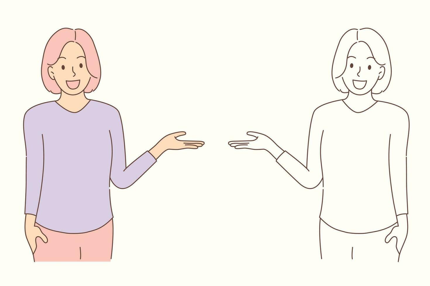 illustratie van een vrouw tonen iets met een hand- vector