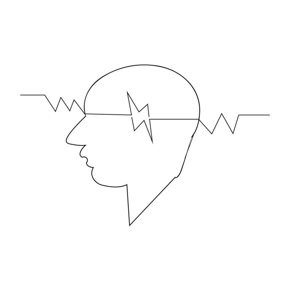 doorlopend lijn kunst tekening van hoofd met opladen macht en bliksem accu niveau. mentaal Gezondheid en opmerkzaamheid concept in gemakkelijk lineair stijl vector