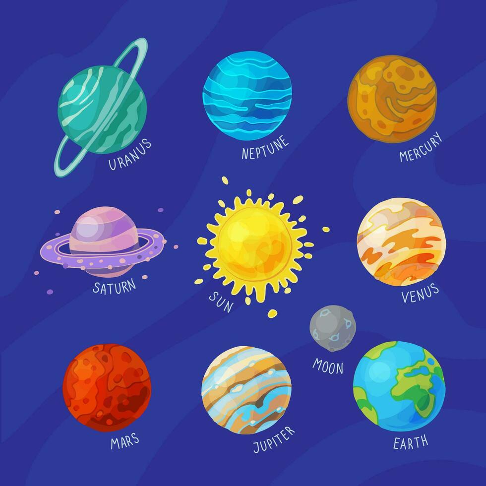 tekenfilm zonne- systeem planeten. planeten. zon, aarde, Venus, kwik, Neptunus, Uranus, Saturnus, Jupiter. astronomie heelal ruimte vector geïsoleerd pictogrammen reeks