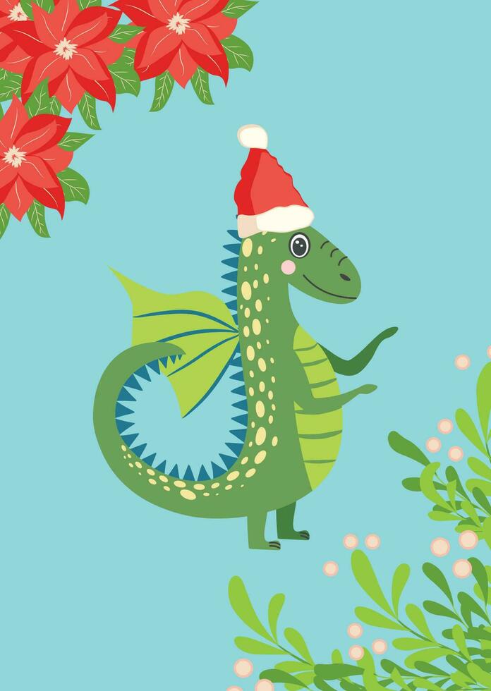 Kerstmis kaart met schattig groen draak. jaar van de draak 2024, China vector