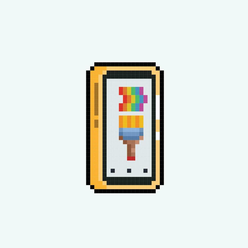 geel smartphone met regenboog verf borstel in pixel kunst stijl vector