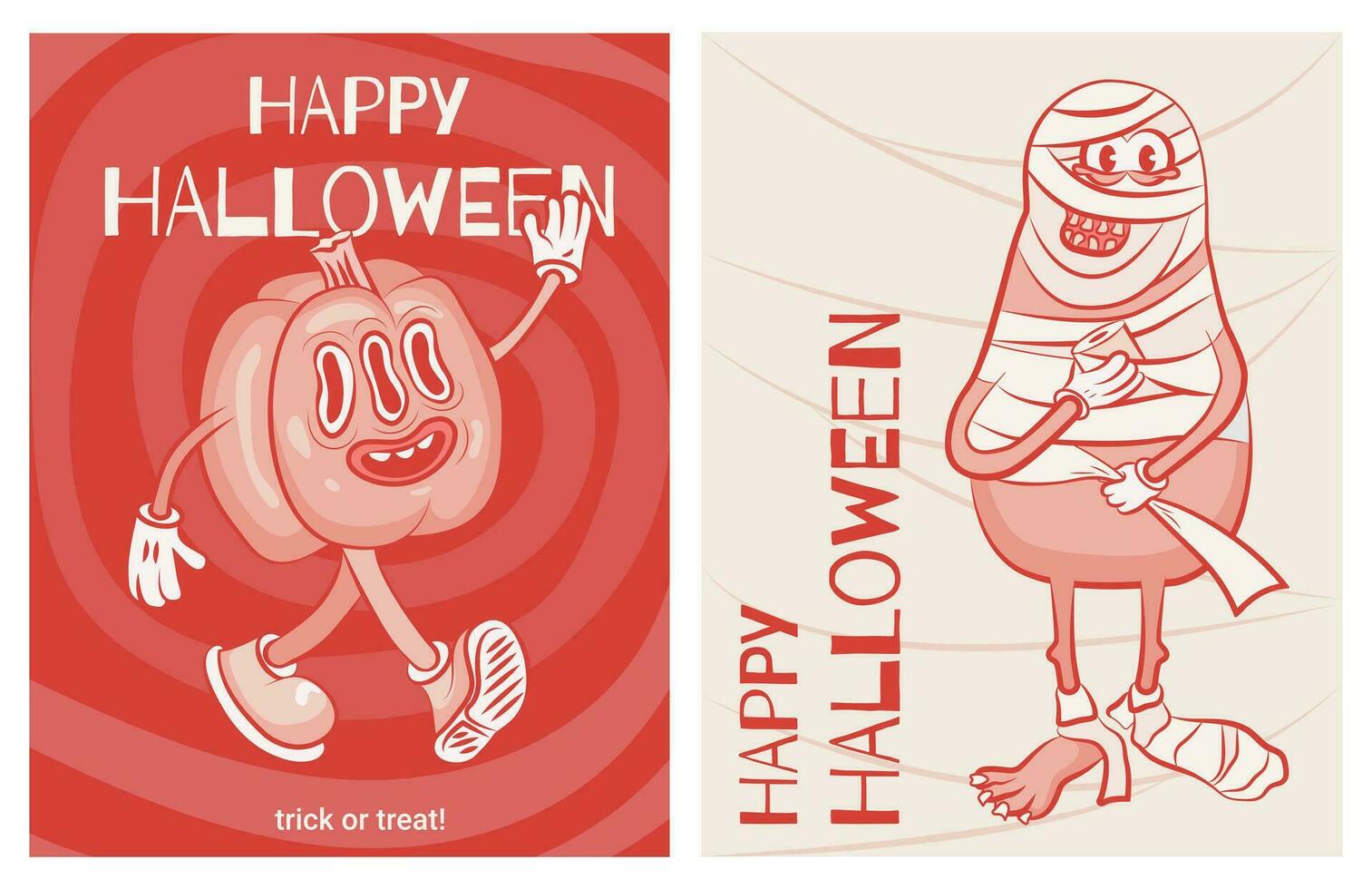 een reeks van ansichtkaarten in retro stijl een groet pompoen, mama monster. halloween kaarten. rood en wit, tekenfilm stijl, groovy stijl. retro stijl. vector illustratie