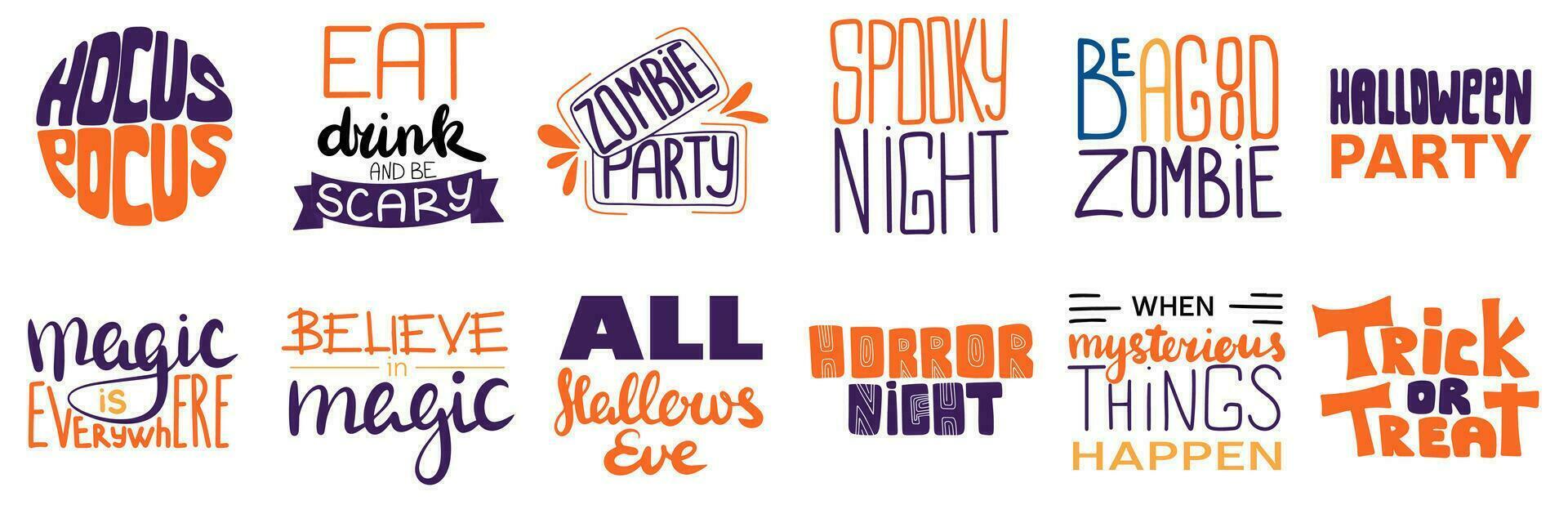 verzameling van halloween belettering. hand- trek halloween leuze set. halloween feest. allemaal heiligen vooravond. hocus pocus. truc of traktatie. vector illustratie.