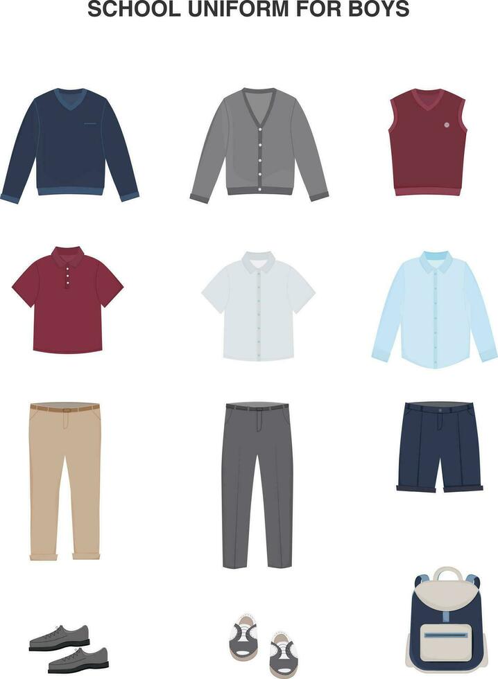 school- uniform voor schooljongen, tiener, leerling. essentieel jongens kleren. shirt, t shirt, broek, jasje, trui. reeks van school- outfits. vector illustratie.