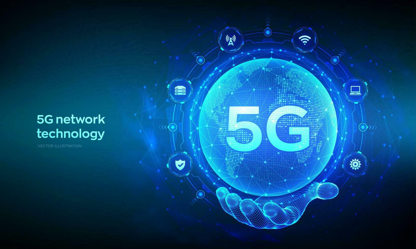 5g netwerk draadloze systemen en internet van dingen technologie concept. slim stad communicatie netwerk. 5g draadloze mobiel internet Wifi verbinding. aarde planeet wereldbol in hand. vector illustratie.