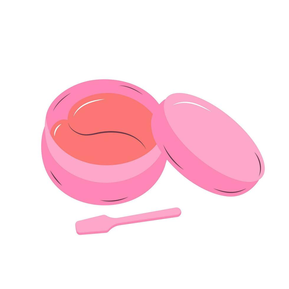 schattig roze hydrogel oog lappen. aantrekkingskracht kunstmatig Product voor huidverzorging. glanzend schoonheid stootkussens in een plastic houder met applicateur. tekenfilm vlak icoon. vector