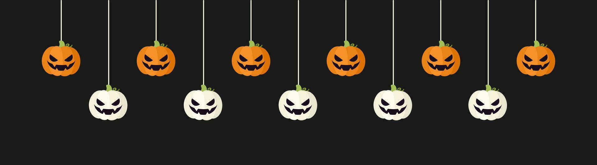 gelukkig halloween grens banier jack O lantaarn pompoenen hangende van spin webben. spookachtig ornamenten decoratie vector illustratie, truc of traktatie partij uitnodiging