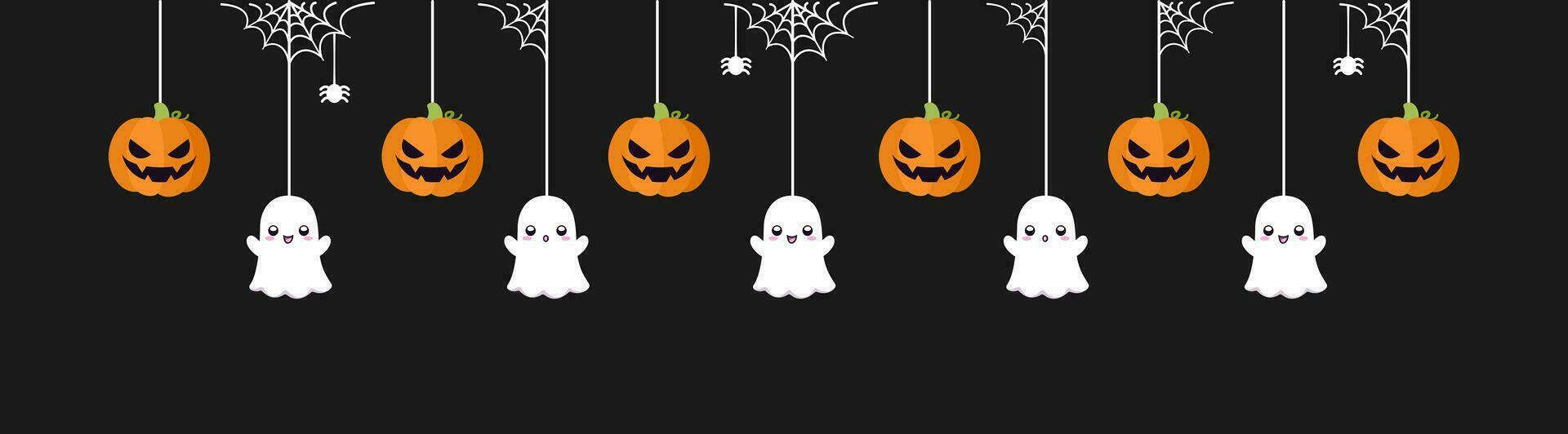 gelukkig halloween grens banier met geest en jack O lantaarn pompoenen. hangende spookachtig ornamenten decoratie vector illustratie, truc of traktatie partij uitnodiging