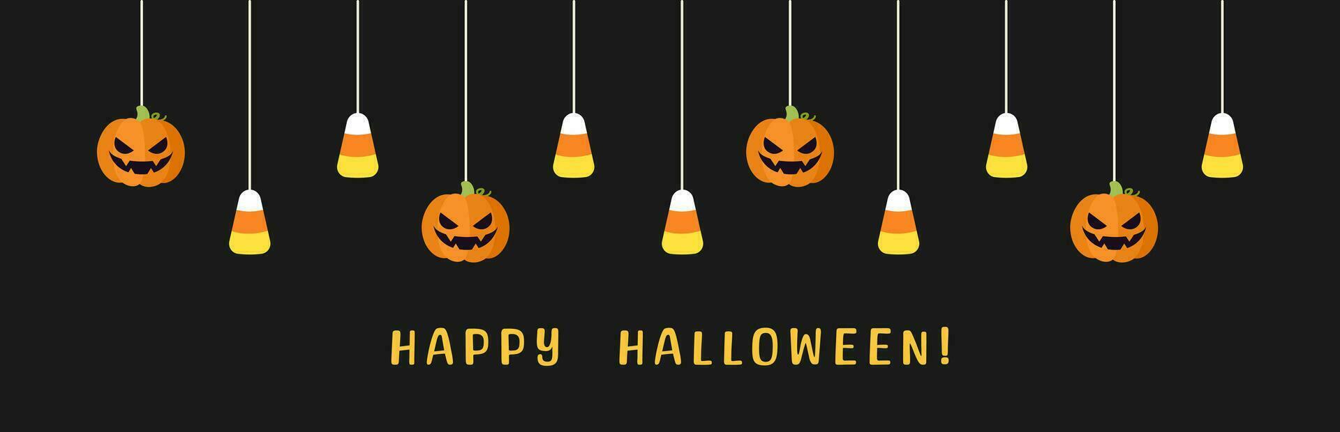 gelukkig halloween grens banier met snoep maïs en jack O lantaarn pompoenen hangende van spin webben. spookachtig ornamenten decoratie vector illustratie, truc of traktatie partij uitnodiging