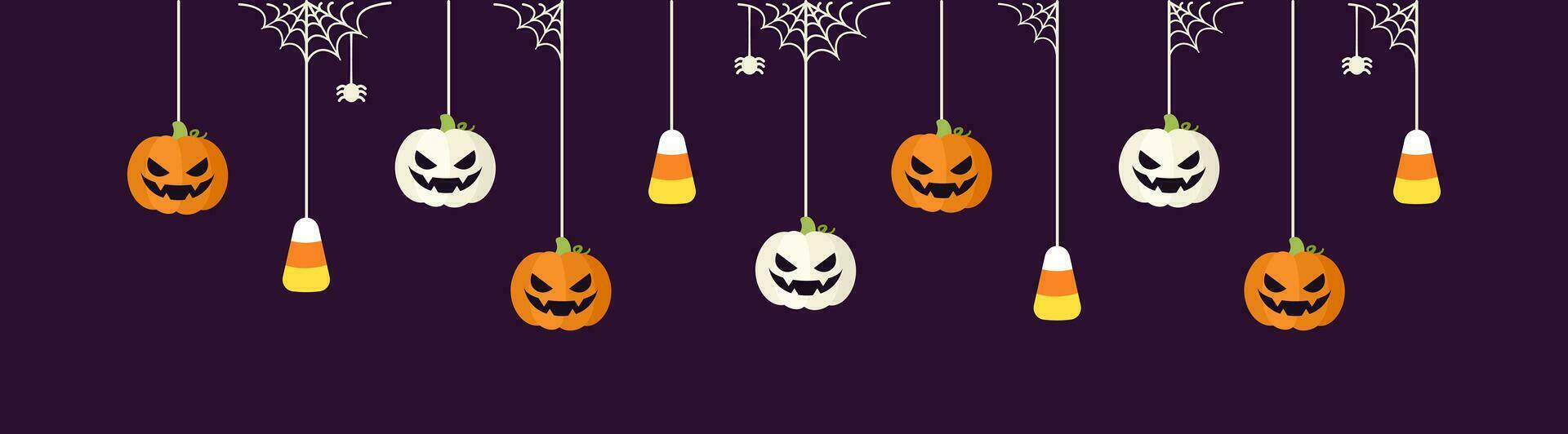 gelukkig halloween grens banier met snoep maïs en jack O lantaarn pompoenen hangende van spin webben. spookachtig ornamenten decoratie vector illustratie, truc of traktatie partij uitnodiging