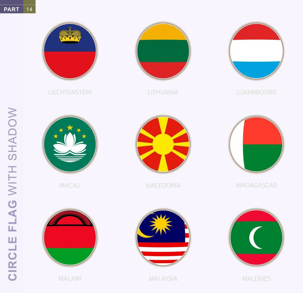 cirkel vlag met schaduw, verzameling van negen ronde vlag. vector vlaggen van 9 landen.