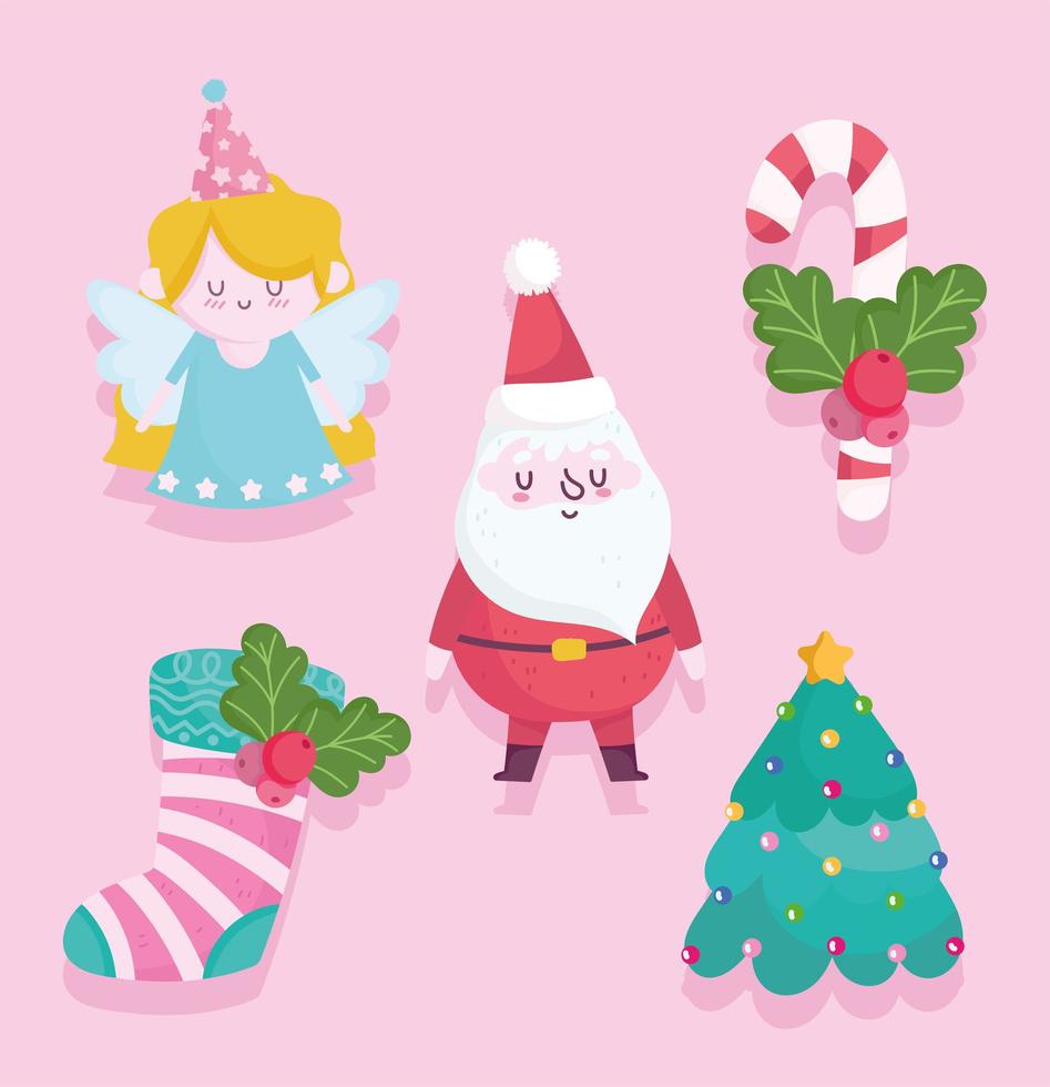 vrolijk kerstfeest, schattige santa angel tree sok en candy cane cartoon vector