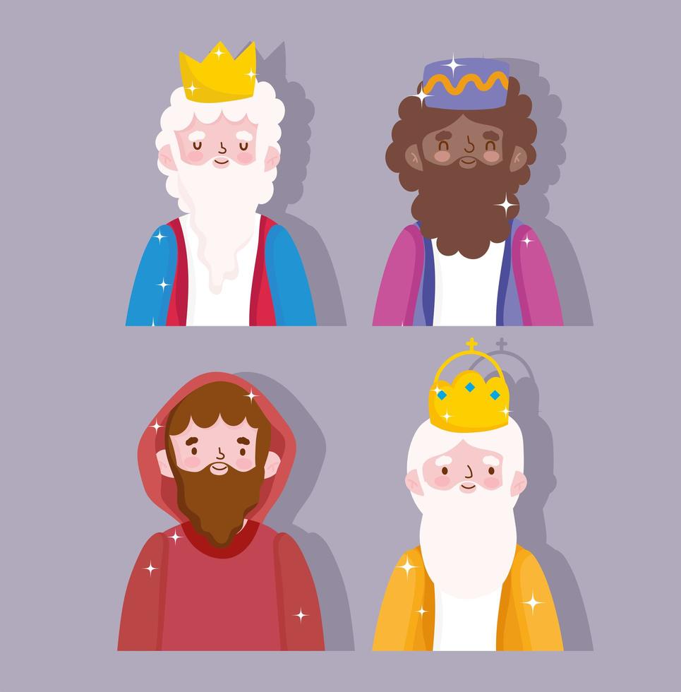 kerststal, kribbe-personages, wijze koningen en jospeh-cartoon vector