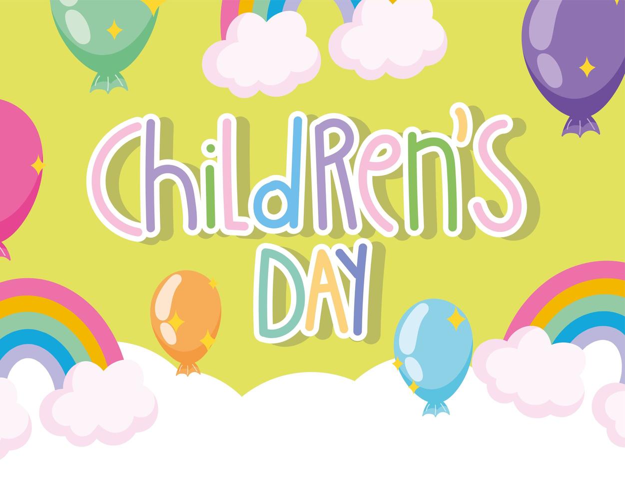 kinderdag, handgeschreven belettering regenbogen ballonnen wolken kaart cartoon vector