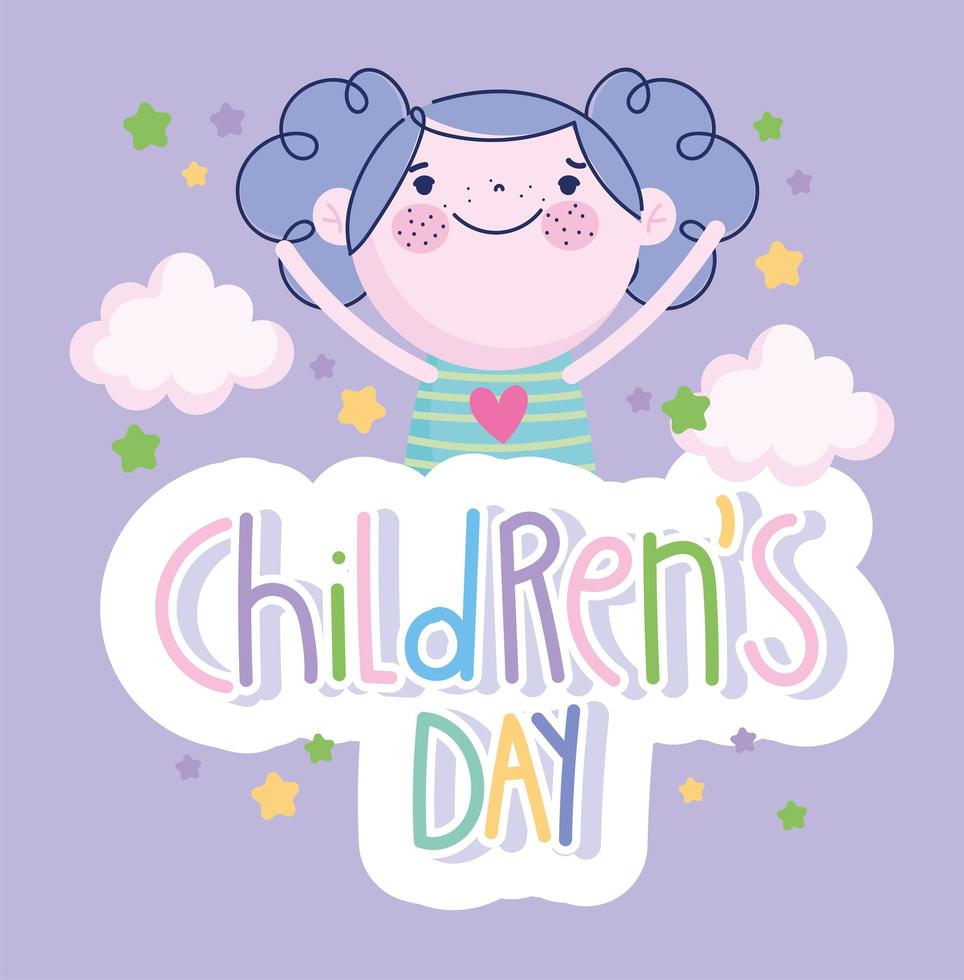 kinderdag, kleine meisjescartoon en gekleurde letters vector