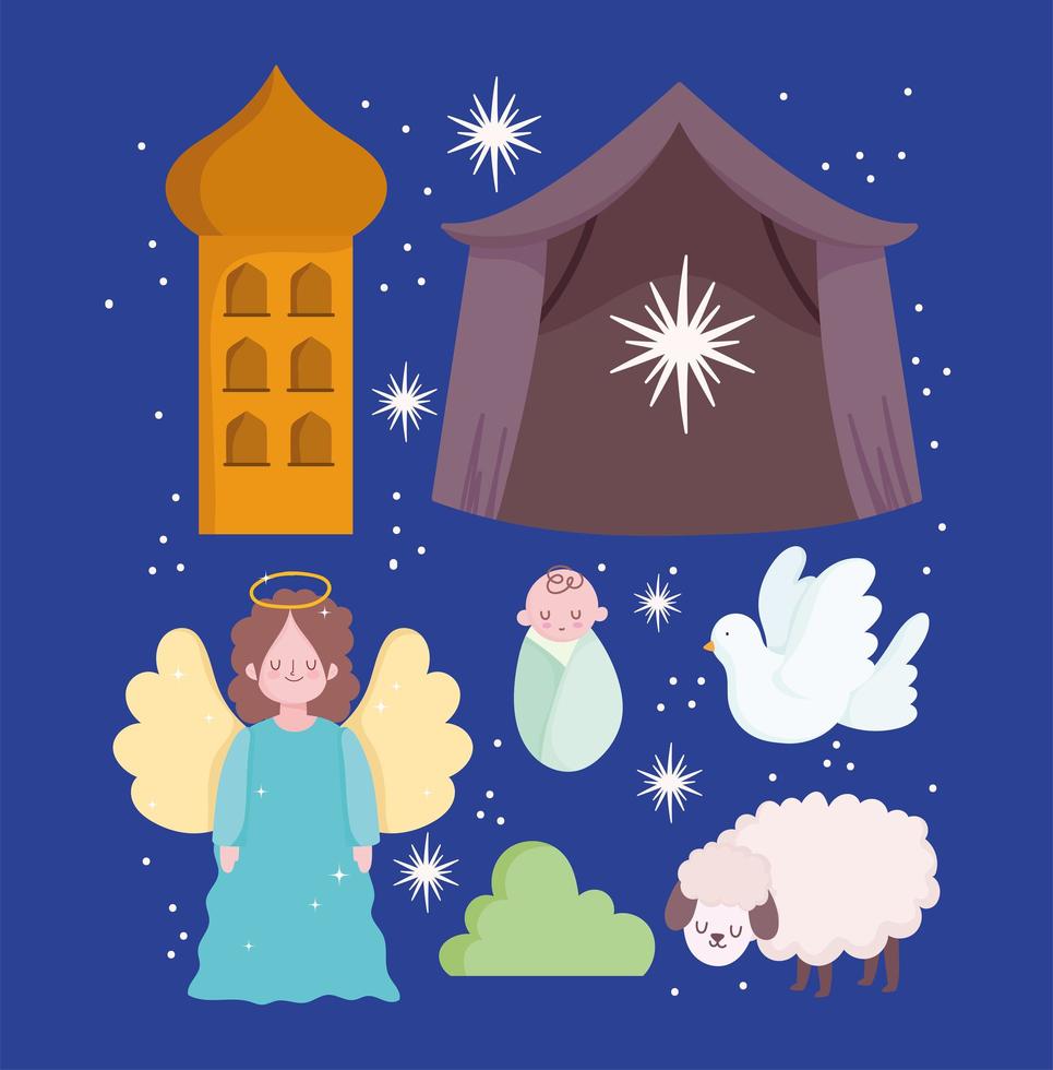 kerststal, kribbe baby jezus engel schaap duif en ster cartoon vector