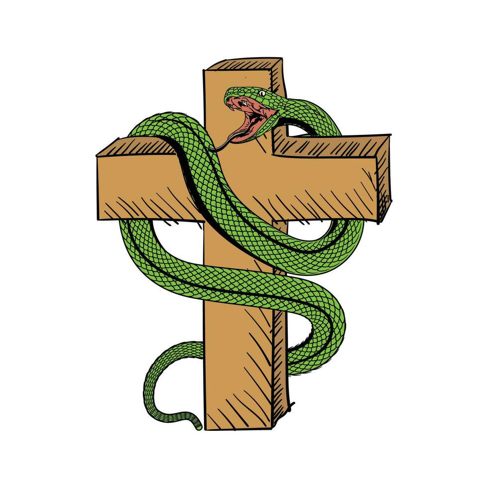 wijnoogst houten Jezus christen kruis met groen slang slang cobra illustratie ontwerp vector