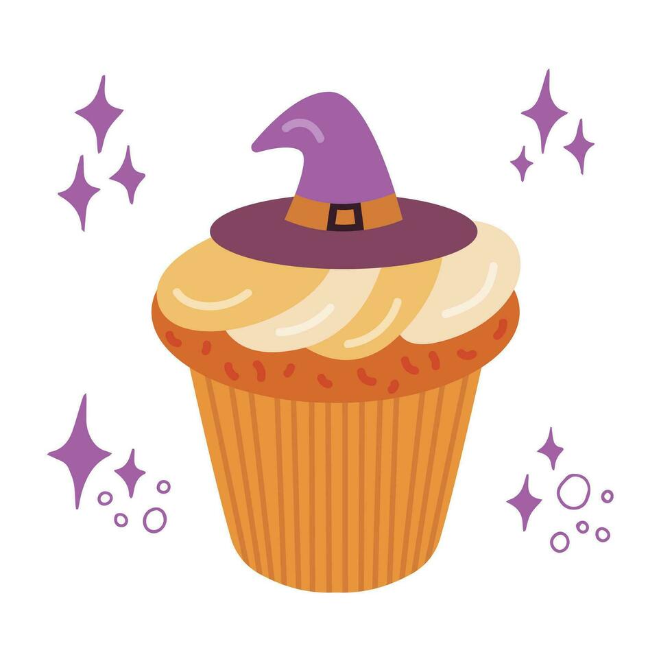 vector halloween muffin met heks hoed en schitteren