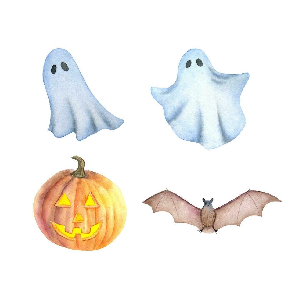 hand- getrokken waterverf halloween set. waterverf jack O lantaarn, waterverf geest, knuppel. vector