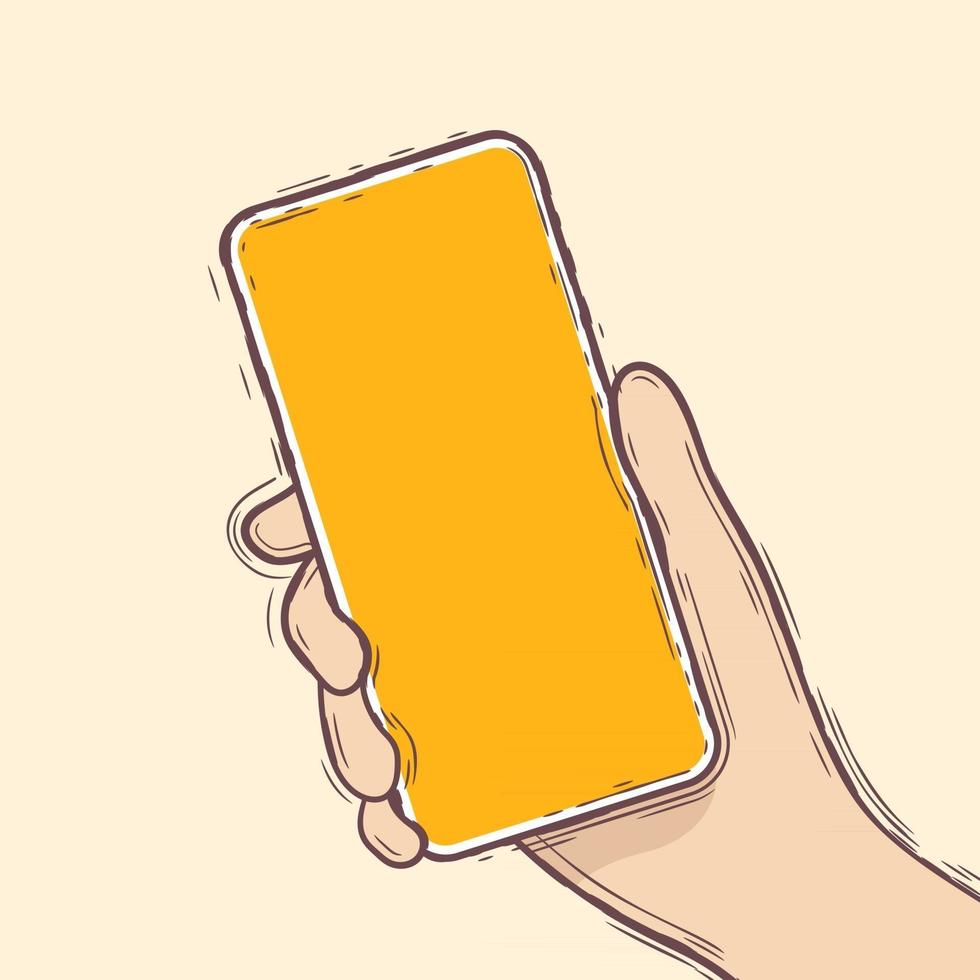 hand tekenen menselijke rechterhand met behulp van of met smartphone. lijn doodle stijl vector. vector