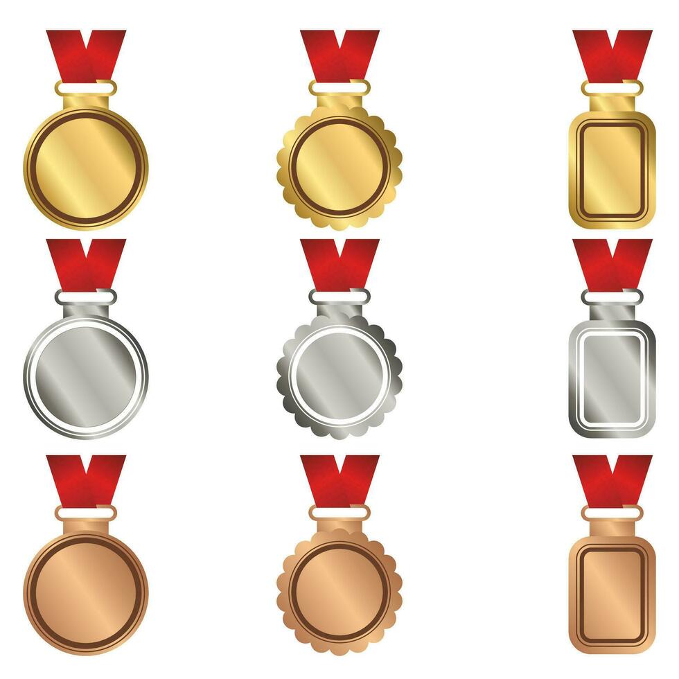 reeks van prijs medailles transparant achtergrond met helling gaas, vector illustratie. goud, zilver en bronzen winnaar medailles.