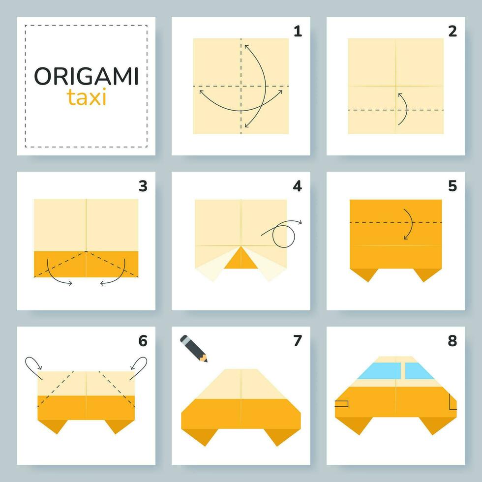 taxi origami regeling zelfstudie in beweging model. origami voor kinderen. stap door stap hoe naar maken een schattig origami auto. vector illustratie.