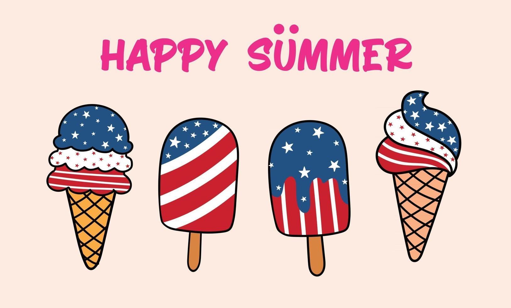 gelukkige zomer, patriottisch ijs en ijslolly set met streep en sterren, cartoon doodle vectorillustratie vector