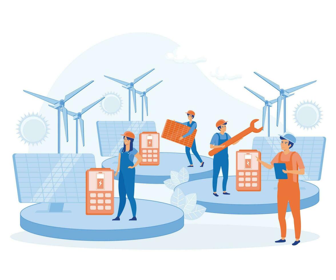 zonne- energie systeem concept. installeren zonne- modulen, tafereel met professioneel team en panelen. vlak vector modern illustratie