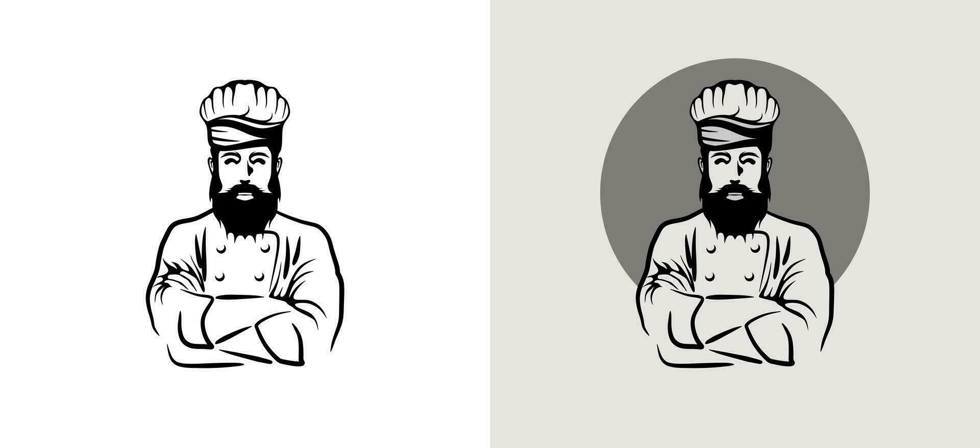 vector gebaard mannetje chef met gevouwen armen voor meester chef logo ontwerp