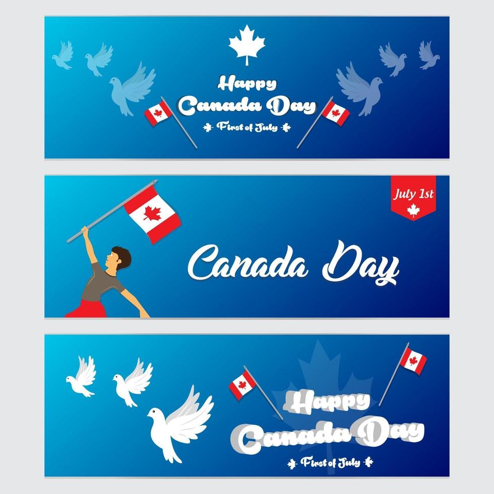 set van vectorbanners voor canada-dagvieringen met vlaggen en decoratieve elementen op blauwe achtergrond vector