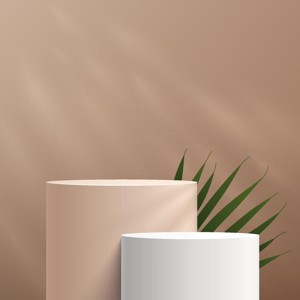 modern wit en beige cilinder voetstuk podium met groen palmblad. geometrisch platform. abstracte lichtbruine kleur minimale muurscène. vector rendering 3D-vorm, product display presentatie.