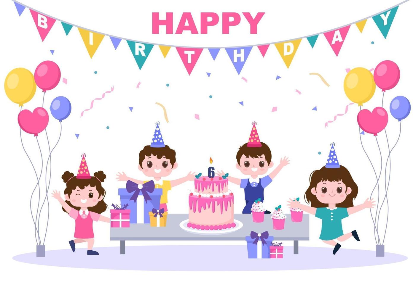 gelukkige verjaardagsfeestje vieren illustratie met ballon, hoeden, confetti, cadeau en cake design vector