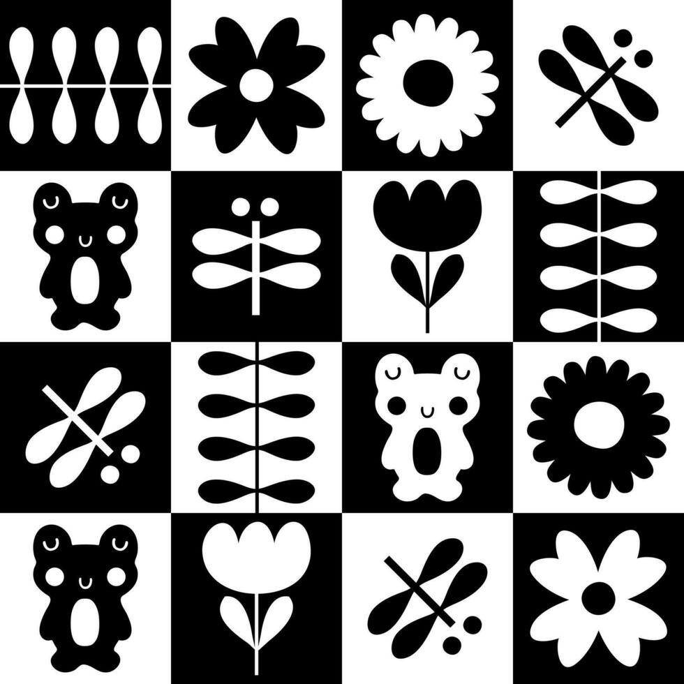 monochroom naadloos patroon met tulp bloemen, kikkers en libellen. meetkundig geruit afdrukken voor t-shirt, poster, textiel en kleding stof. vector