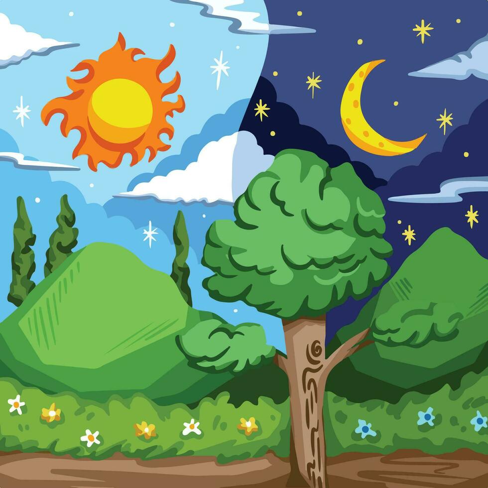 dag en nacht met zon en maan, voor de helft en voor de helft natuur landschap landschap vector illustratie geïsoleerd Aan plein sjabloon. gemakkelijk vlak tekenfilm kunst gestileerd tekening.