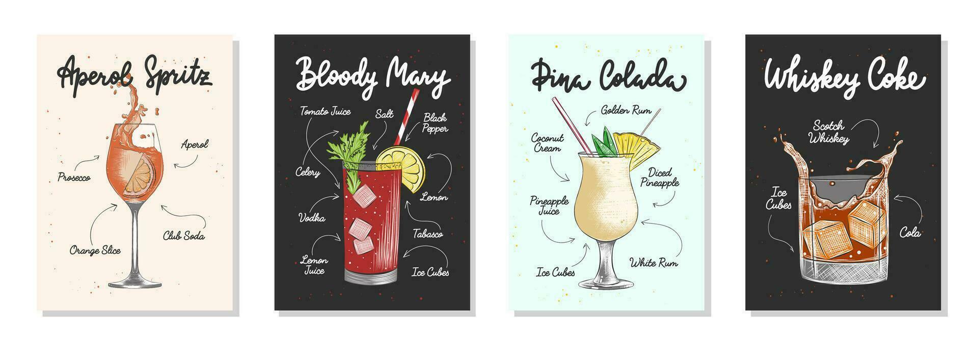 reeks van 4 reclame recept lijsten met alcoholisch drankjes en ingrediënten, cocktails en dranken belettering affiches, muur decoratie, afdrukken, menu ontwerp. hand- getrokken vector gegraveerde schetsen.