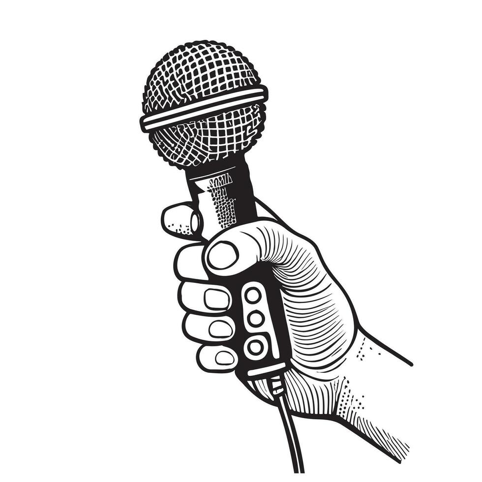 hand- Holding microfoon hand- getrokken schetsen in tekening stijl vector illustratie karaoke