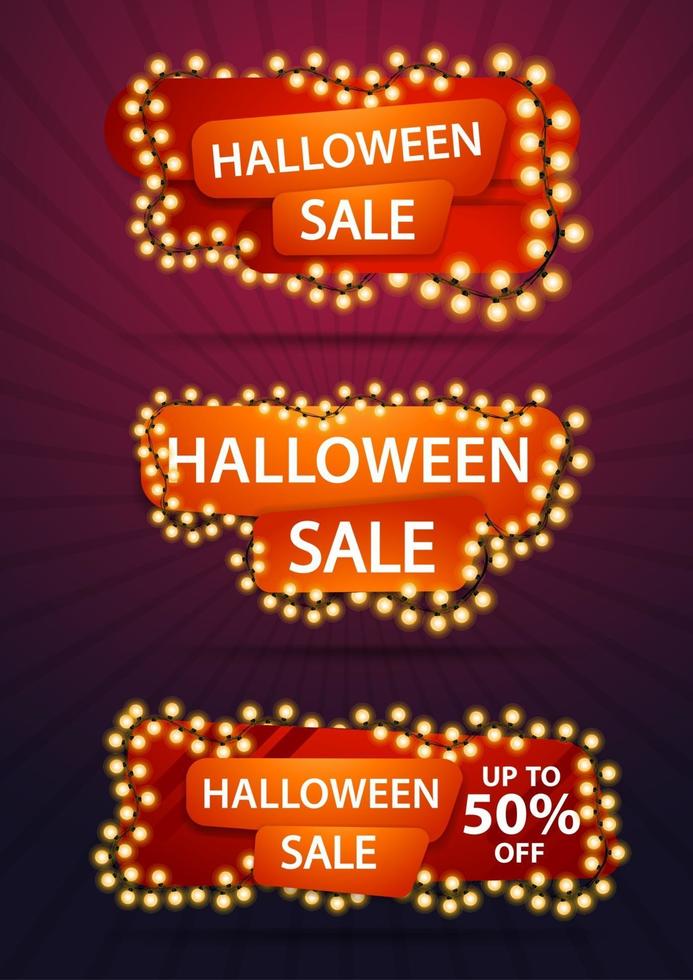 halloween-uitverkoop, drie kortingsbanners met een gele slinger rond banners gewikkeld. kortingssjabloonbanner voor uw bedrijf. vector