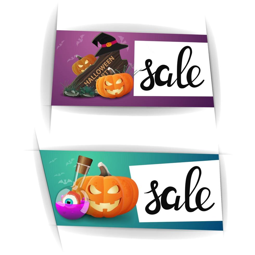 halloween-uitverkoop, twee horizontale kortingsbanners. paars en groen kortingssjabloon vector