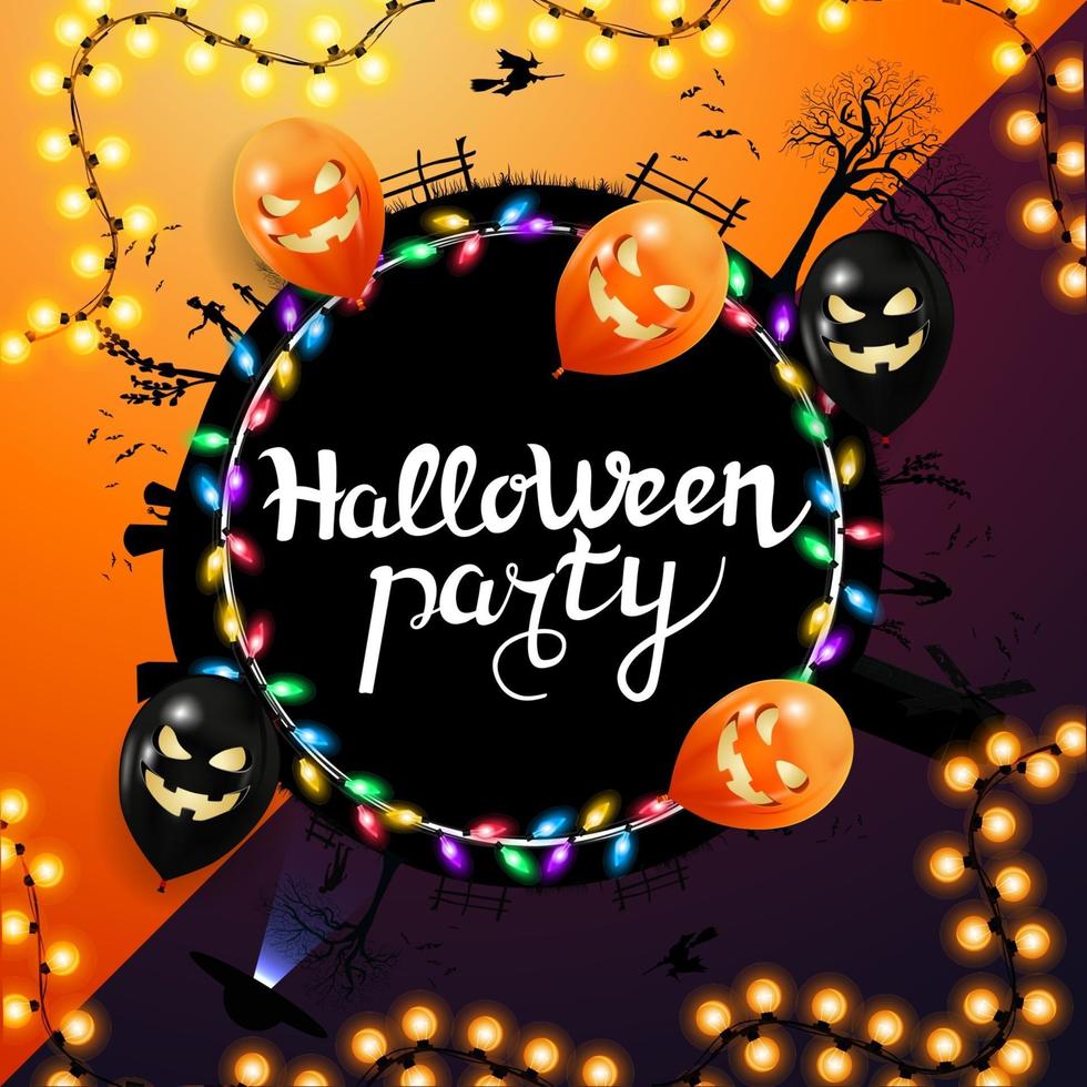 halloween-feest, zwarte ronde uitnodigingsposter met silhouet van de planeet op halloween-nacht, herfstbladeren, slinger en halloween-ballonnen. vector