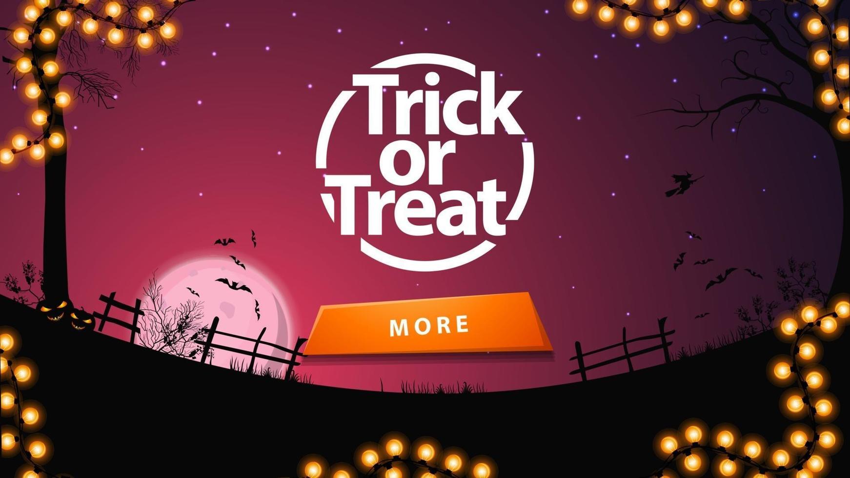 trick or treat, paarse wenskaart met knop en halloween-landschap op de achtergrond vector