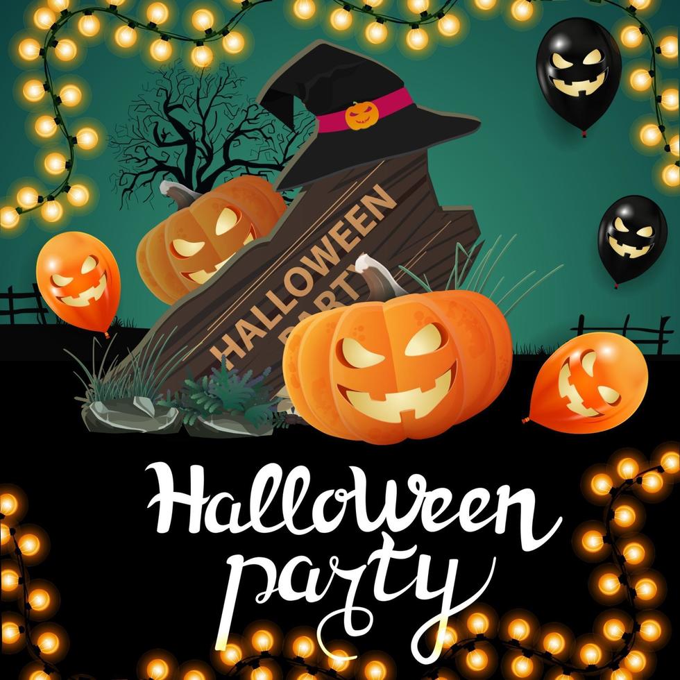 halloweenfeest, vierkante uitnodigingsposter met houten bord, heksenhoed en pompoenjack vector