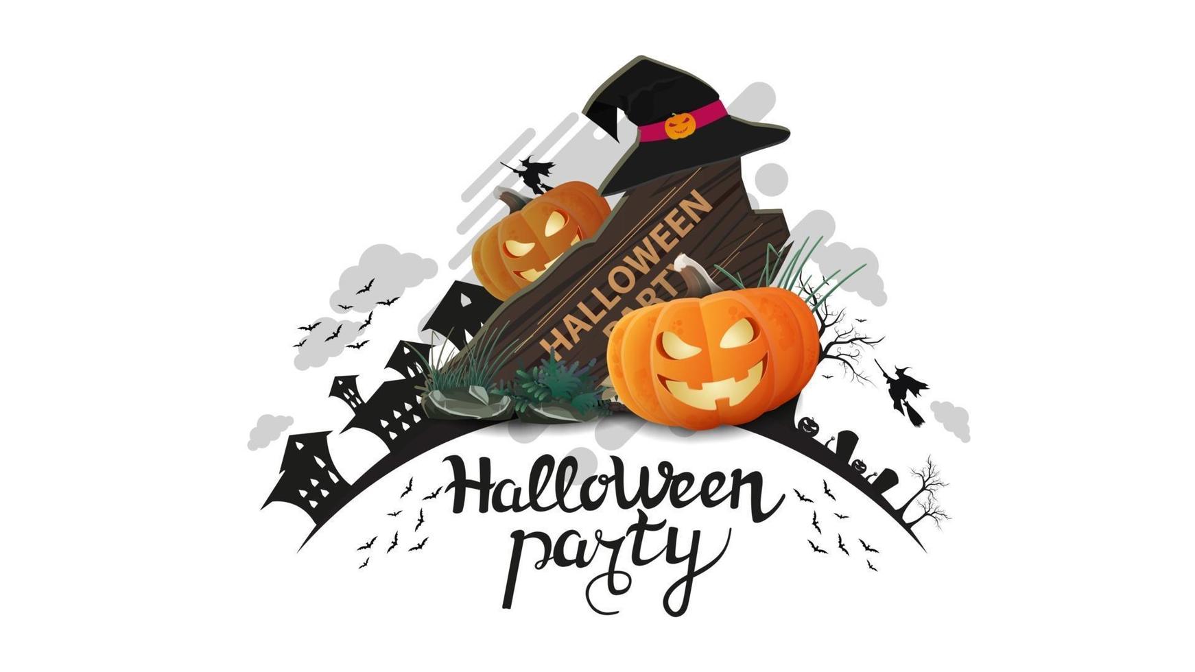 Halloween-feest, witte uitnodigingsposter met houten bord, heksenhoed en pompoenjack. het logo met het silhouet van de aarde met halloween-nacht vector