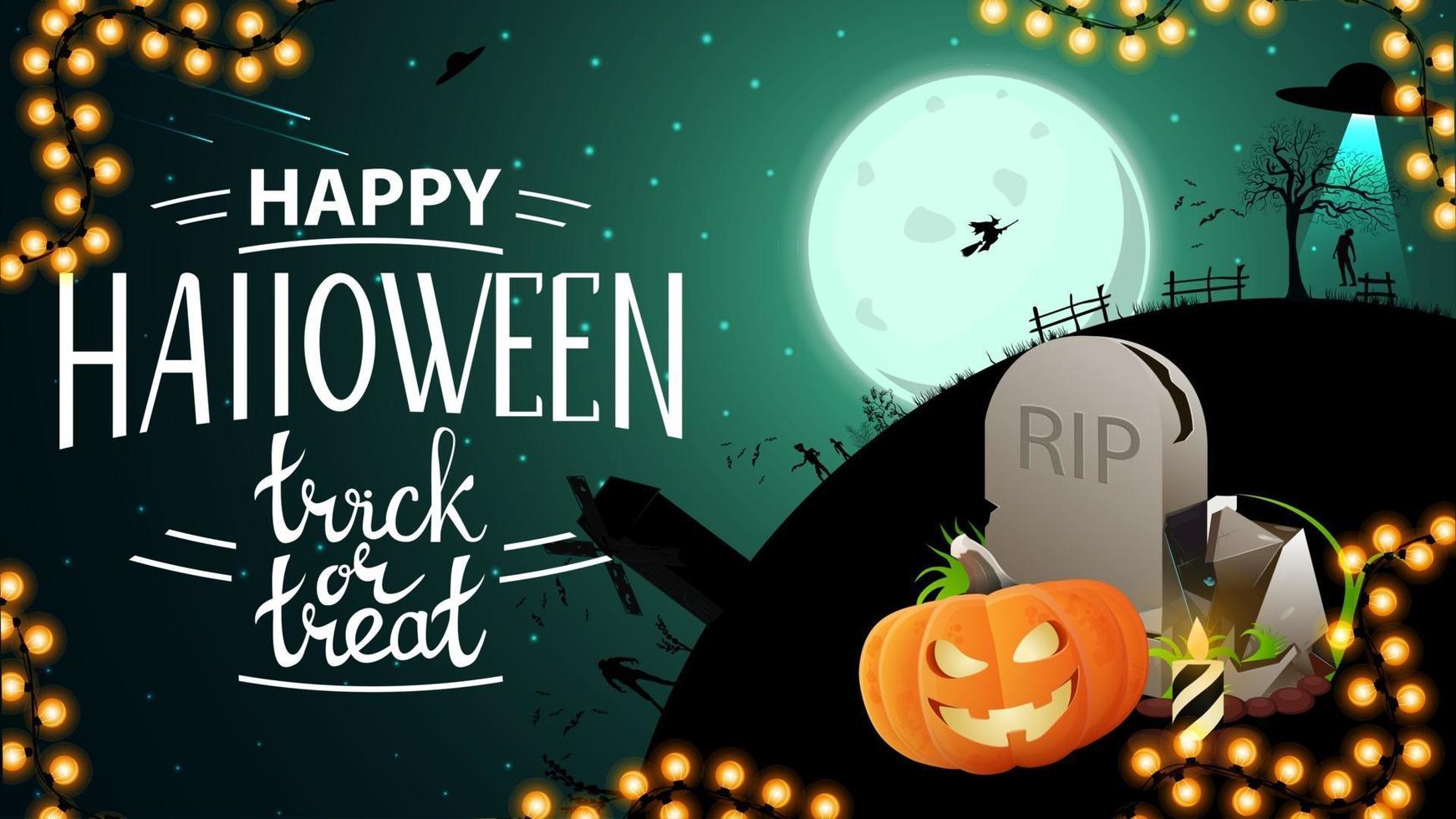 happy halloween, trick or treat, creatieve groet ansichtkaart met grafsteen en pompoen jack. volle maan met sterrenhemel en silhouet van de planeet op halloween-nacht vector