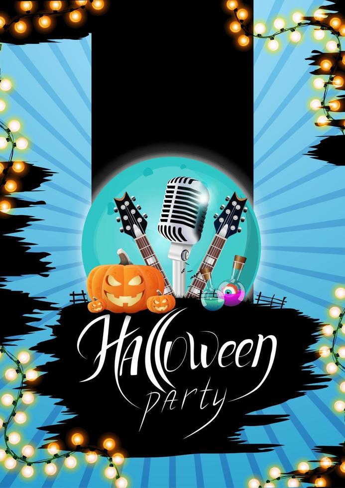 halloween-feest, blauwe uitnodigingsposter met gitaren, microfoon en pompoen vector